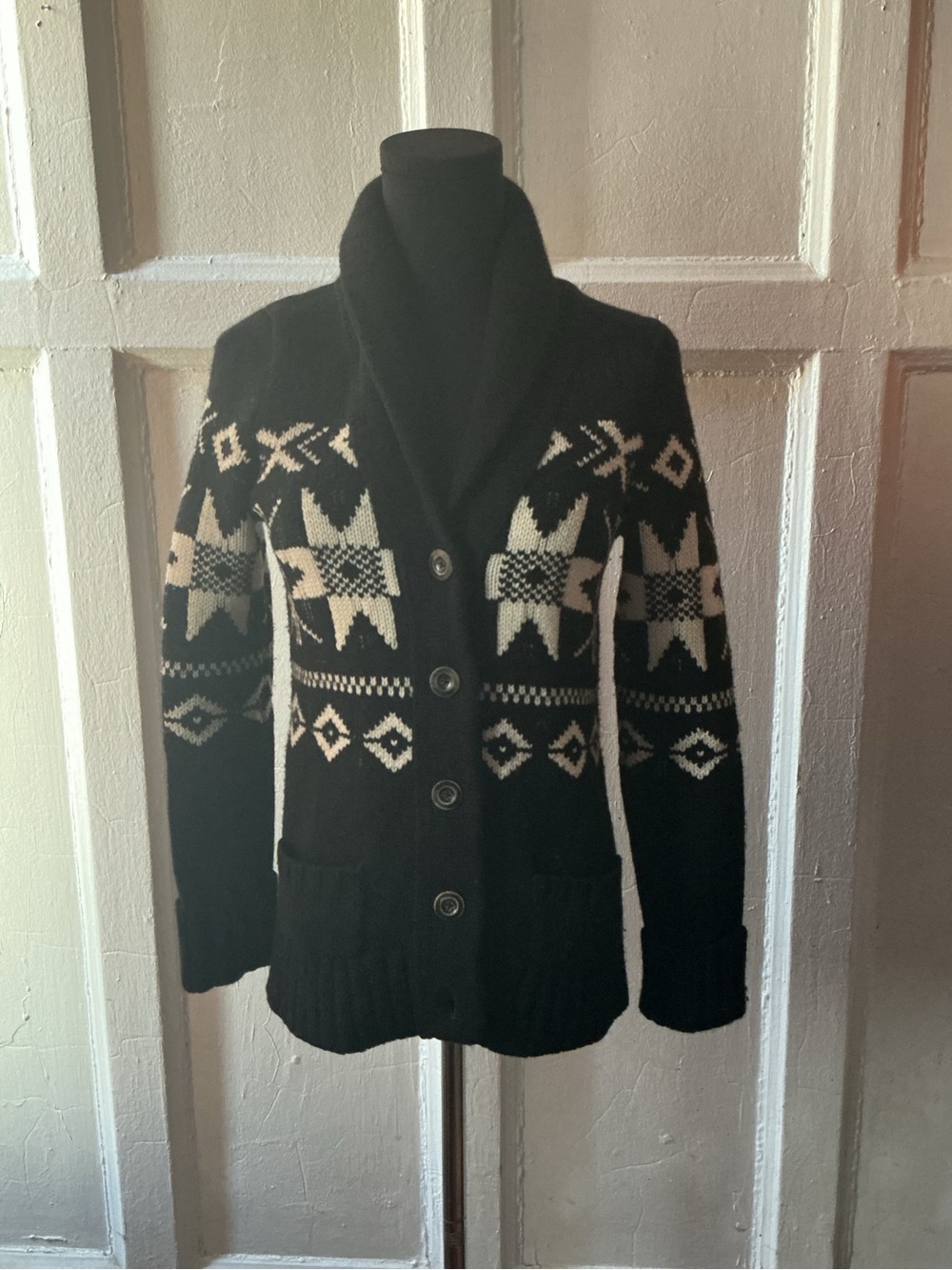 Aqua Black Shawl Collar Cardigan with Cream Geometric Motif